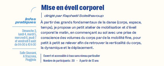 27e Rencontres Internationales de Théâtre en Corse / Les ateliers du matin / Mise en éveil corporel dirigé par Raphaël Soleilhavoup   - Salle Giussani, A Stazzona- Pioghjula