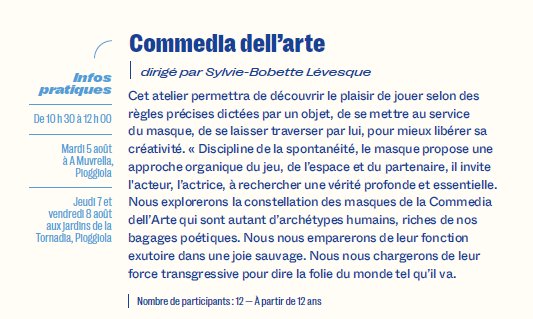 27e Rencontres Internationales de Théâtre en Corse / Les ateliers du matin / Commedia dell’arte dirigé par Sylvie-Bobette Lévesque - Jardins de la Tornadia - Pioghjula