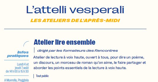 27e Rencontres Internationales de Théâtre en Corse / Les ateliers de l'après-midi / Lire ensemble dirigé par les formateurs des Rencontres - A Muvrella - Pioghjula