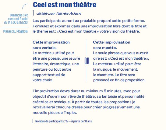 27e Rencontres Internationales de Théâtre en Corse / Les ateliers de l'après-midi / Ceci est mon théâtre dirigé par Agnės Adam - Pianacciu - Pioghjula