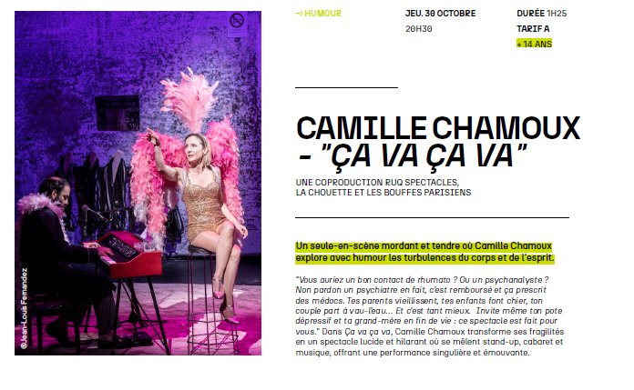 Spectacle d'humour "Ça Va Ça Va" de Camille Chamoux au Centre Culturel Alb'Oru