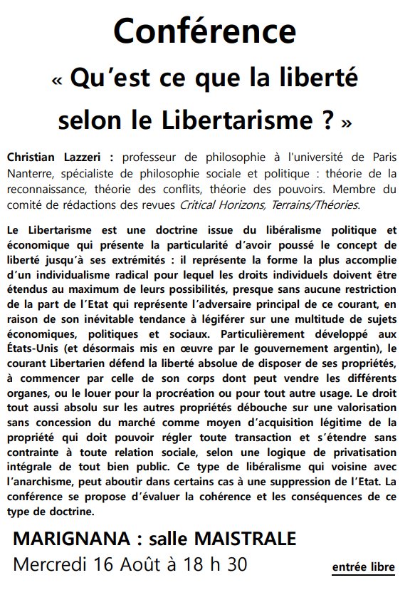 Conférence « Qu’est ce que la liberté selon le Libertarisme ? » animée par Christian Lazzeri - Salle Maistrale - Marignana