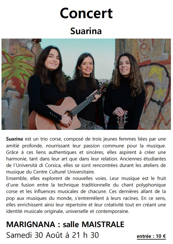 Concert du groupe Suarina - Salle Maistrale à Marignana
