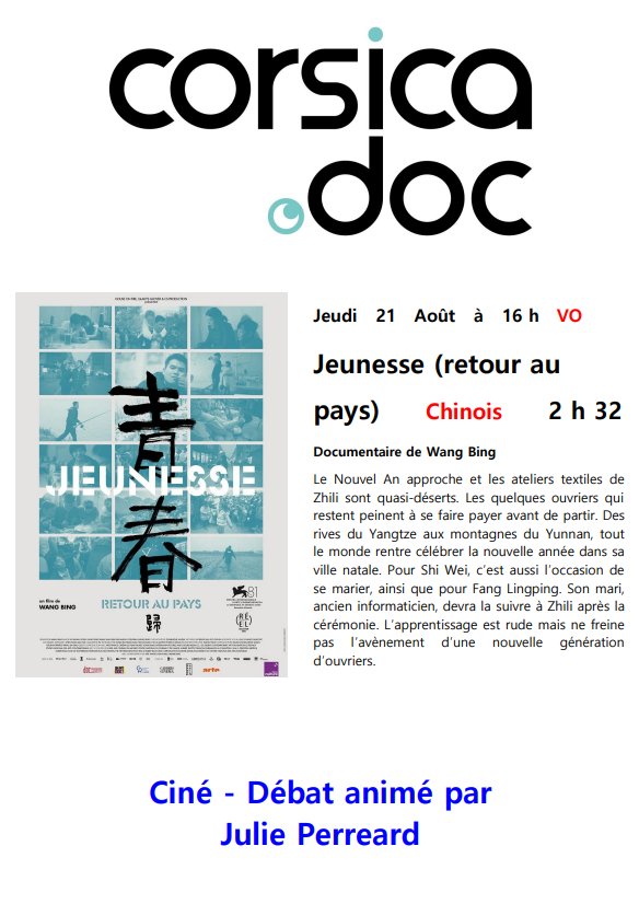 Ciné-Débat Corsicadoc avec Julie Perreard - Projection du film 'Jeunesse' de Wang Bing