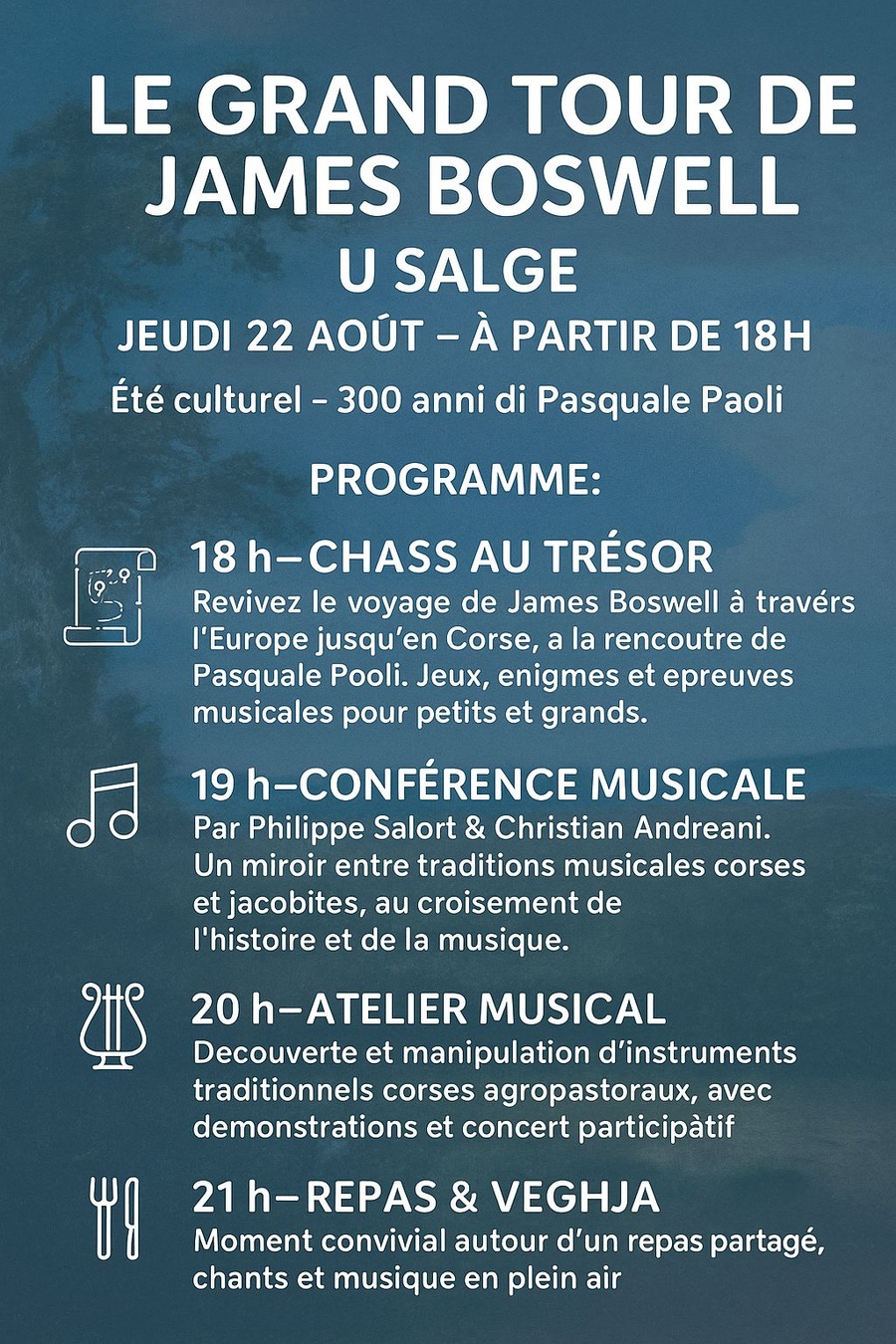 Arrière-plan pour Été culturel, 300 anni di Pasquale Paoli : « Le grand tour de James Boswell » (Chasse au trésor, conférence musicale, atelier musical...)
