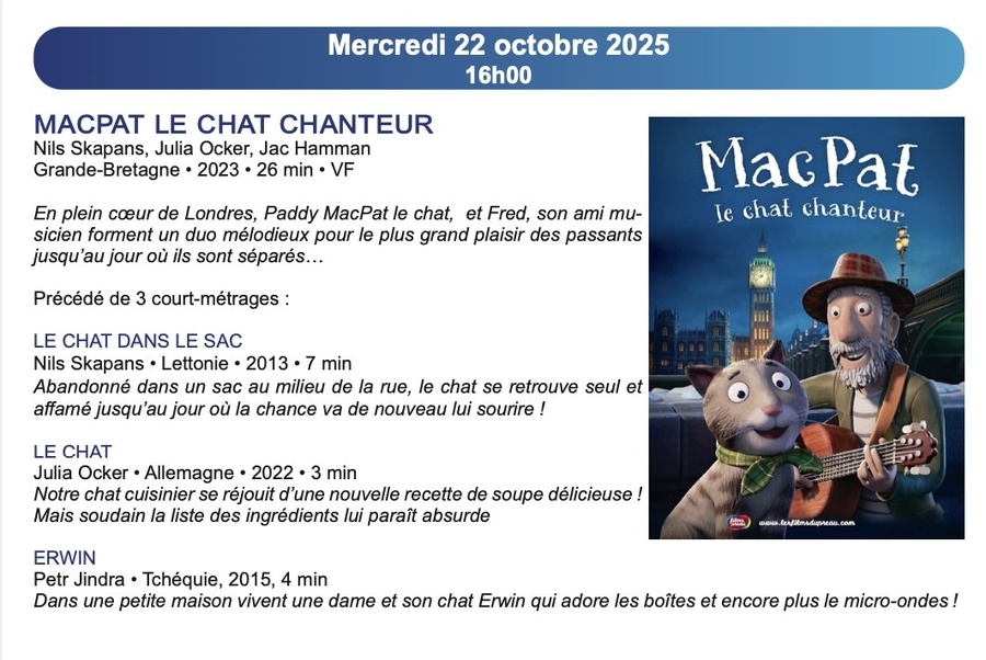 Ciné-goûter : Projection de 'Macpat le chat chanteur' et 3 court-métrages