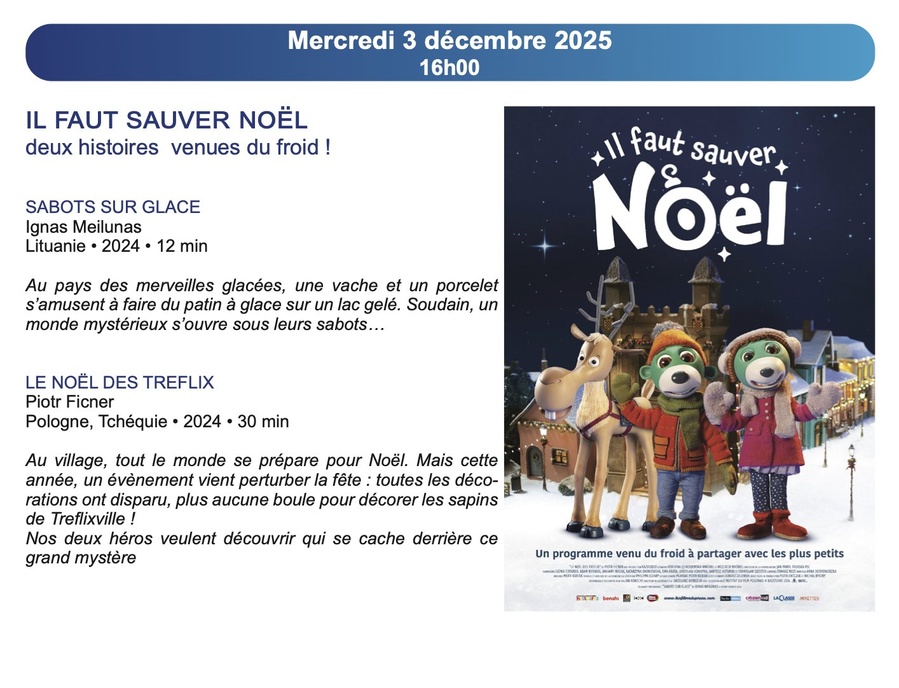 Ciné-goûter : Projection des films 'Sabots sur glace' et 'Le Noël de Treflix' à la Cinémathèque de Corse