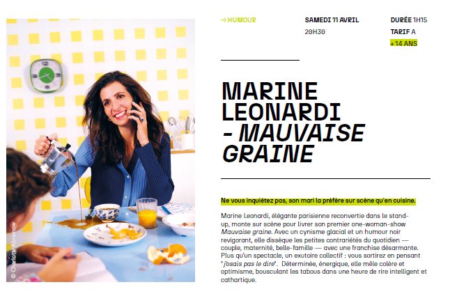Spectacle humoristique "Mauvaise graine" de Marine Leonardi au Centre Culturel Alb'Oru