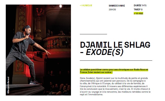 Spectacle humoristique 'Exode(s)' de Djamil Le Shlag au Centre Culturel Alb'Oru