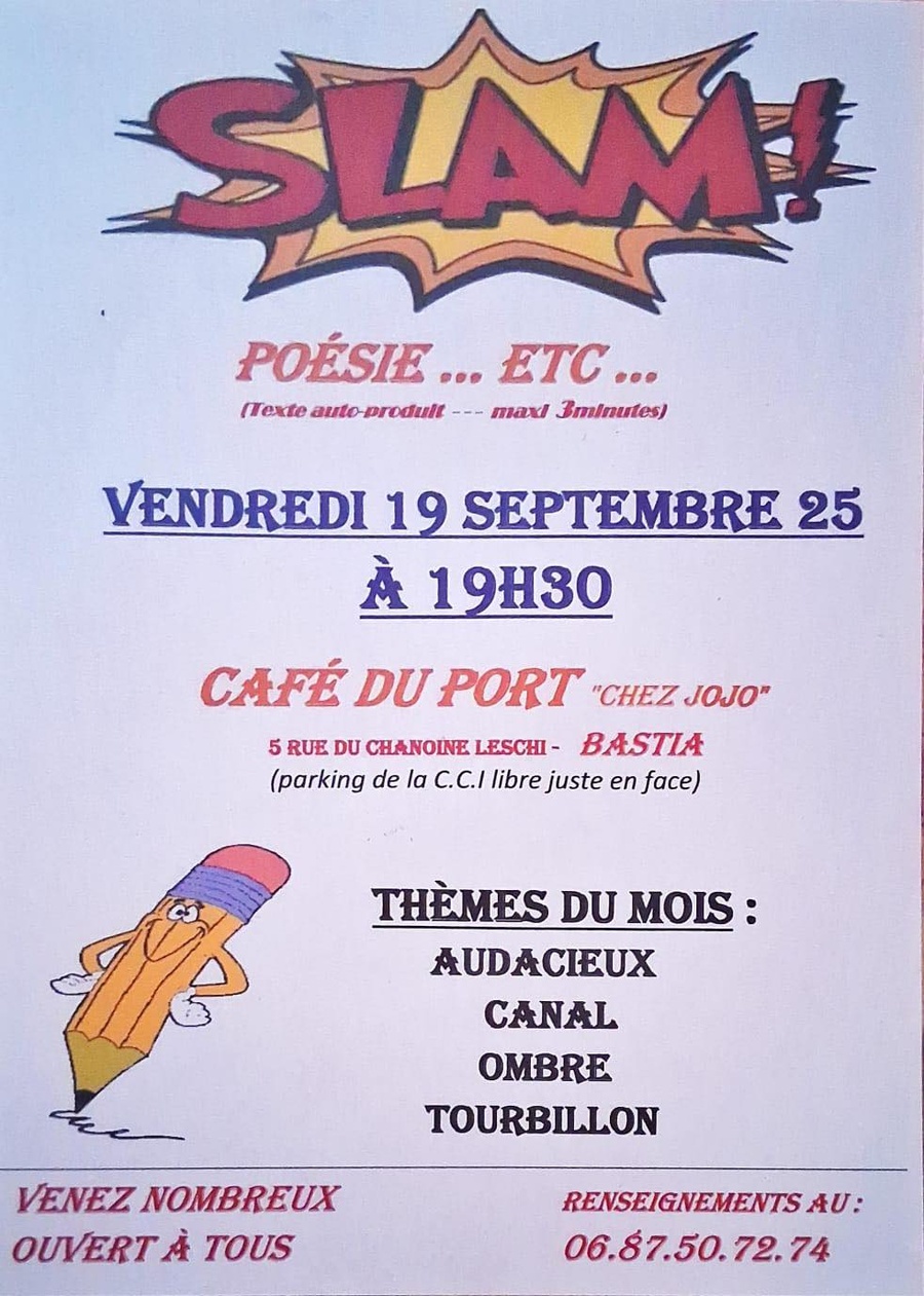Arrière-plan pour "Slam! ,Poésie et Impro", thème du mois : Audacieux, Canal, Ombre, Tourbillon - Café du port