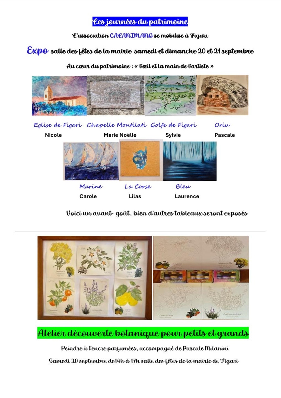 Arrière-plan pour Journées Européennes du Patrimoine / Exposition : Au cœur du patrimoine: « l'œil et la main de l'artiste" et atelier découverte botanique proposés par l'association Calanimano - Salle des fêtes de la mairie