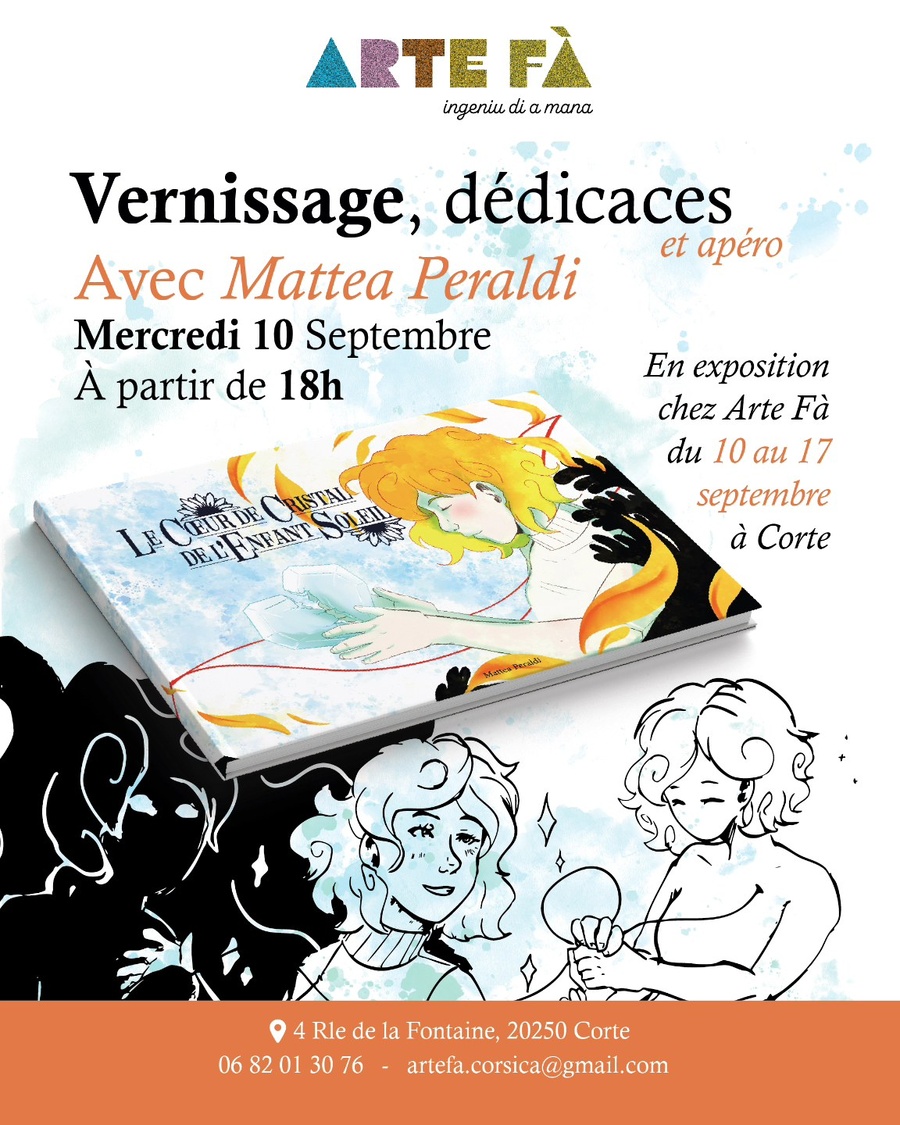 Arrière-plan pour Exposition de Mattea Peraldi autour de son nouveau roman graphique "Le Cœur de Cristal de l'Enfant Soleil" - Boutique Arte Fà