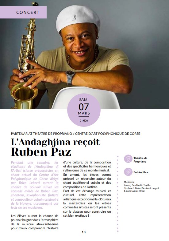 Concert de Ruben Paz avec la participation des étudiants de l’Andaghjina di l’Artisti (Pôle de perfectionnement en Chant Actuel - Centru D’Arti Pulifonica di Corsica ) - Teatru di Prupià