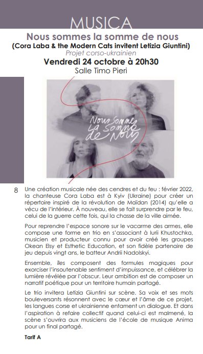 Arrière-plan pour Création musicale : "Nous sommes la somme de nous", Cora Laba & the Modern Cats invitent Letizia Giuntini - Salle Timo Pieri