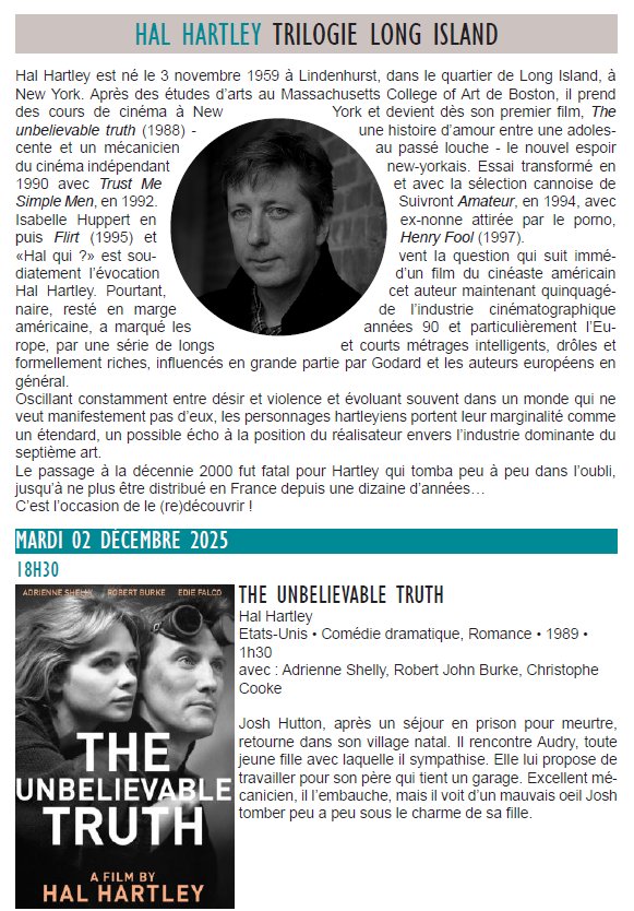 Projection du film 'The Unbelievable Truth' d'Hal Hartley à la Cinémathèque de Corse