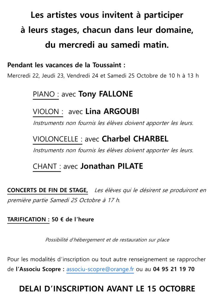 Stages de musique pour les vacances de la Toussaint avec Tony Fallone et d'autres artistes