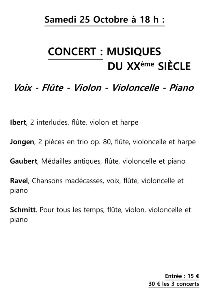Concert 'Musiques du XXème siècle' : Voix, Flûte, Violon, Violoncelle et Piano - Salle Maistrale