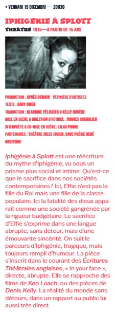 Théâtre : Iphigénie à Splott - Aghja à Ajaccio