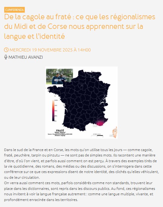 Conférence : De la cagole au fraté - Régionalismes du Midi et de Corse avec Mathieu Avanzi
