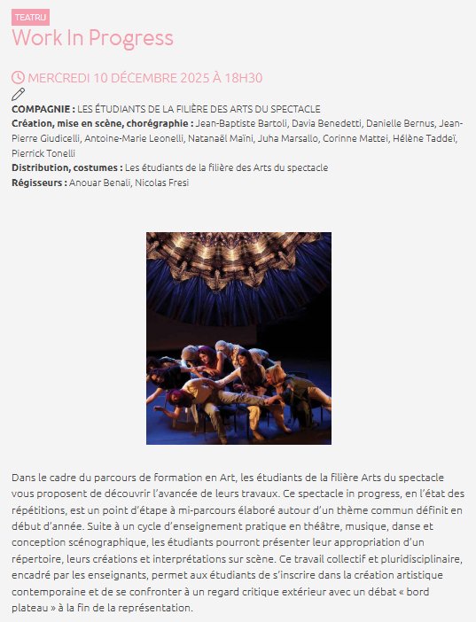 Théâtre : "Work In Progress" par les étudiants des Arts du spectacle - CCU Spaziu Natale Luciani