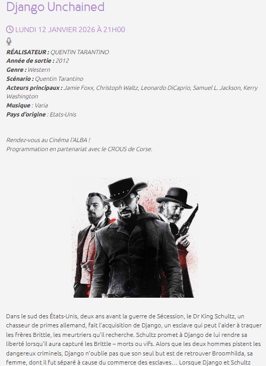 Projection de 'Django Unchained' de Quentin Tarantino au Cinéma L'Alba à Corte