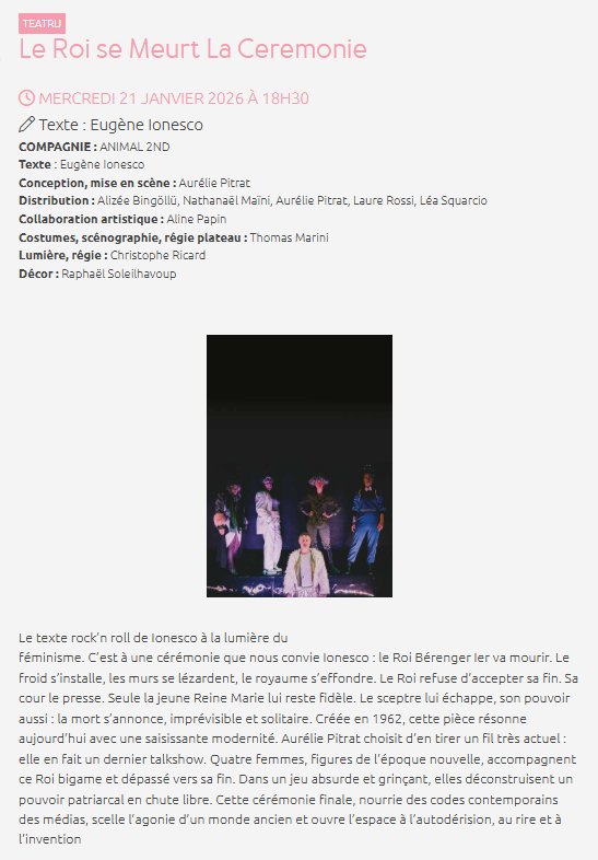 Théâtre : "Le Roi se meurt La Cérémonie" par la Cie Animal 2nd - CCU Spaziu Natale Luciani à Corte