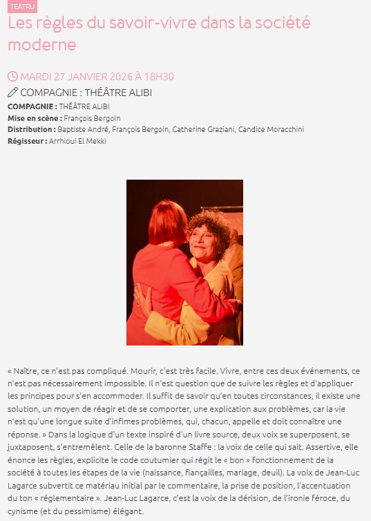 Théâtre : Les règles du savoir-vivre dans la société moderne par la Cie Théâtre Alibi