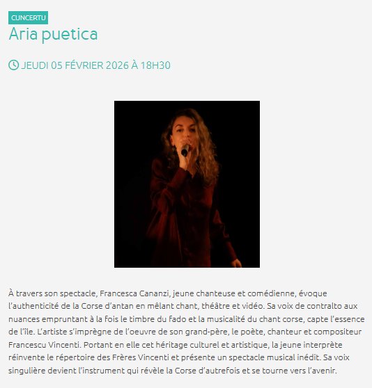 Concert : "Aria puetica" avec Francesca Cananzi - CCU Spaziu Natale Luciani