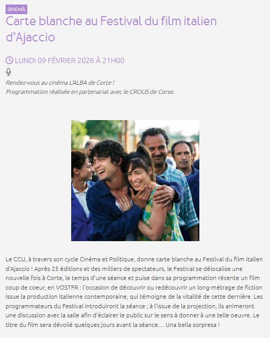 Cinéma : Carte blanche au Festival du film italien d'Ajaccio au Cinéma L'Alba