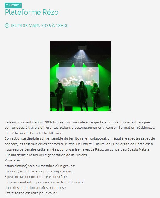 Concert : Plateforme Rézo - CCU Spaziu Natale Luciani - Corti 