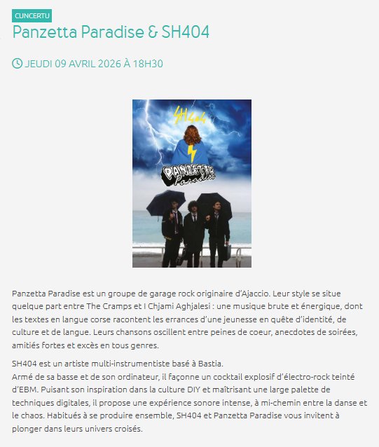 Concert : Panzetta Paradise & SH404 - CCU Spaziu Natale Luciani - Corti 