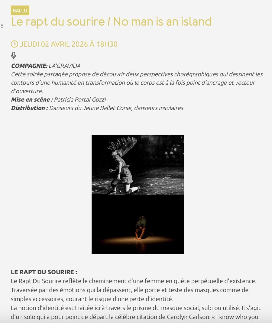 Danse : "Le rapt du sourire / No man is an island" par la Cie La'Gravida - CCU Spaziu Natale Luciani