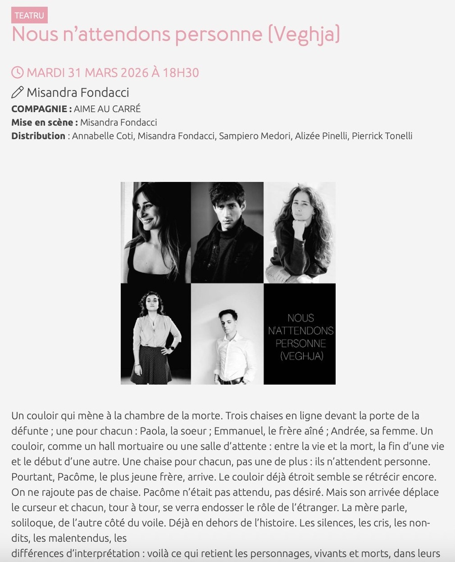 Théâtre : "Nous n’attendons personne (Veghja)" par la Cie Aime au carré - CCU Spaziu Natale Luciani