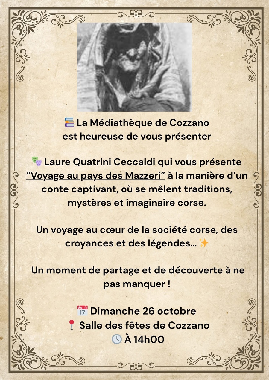 Conférence contée "Voyage au pays des Mazzeri" animée par Laure Quatrini Ceccaldi - Salle des fêtes