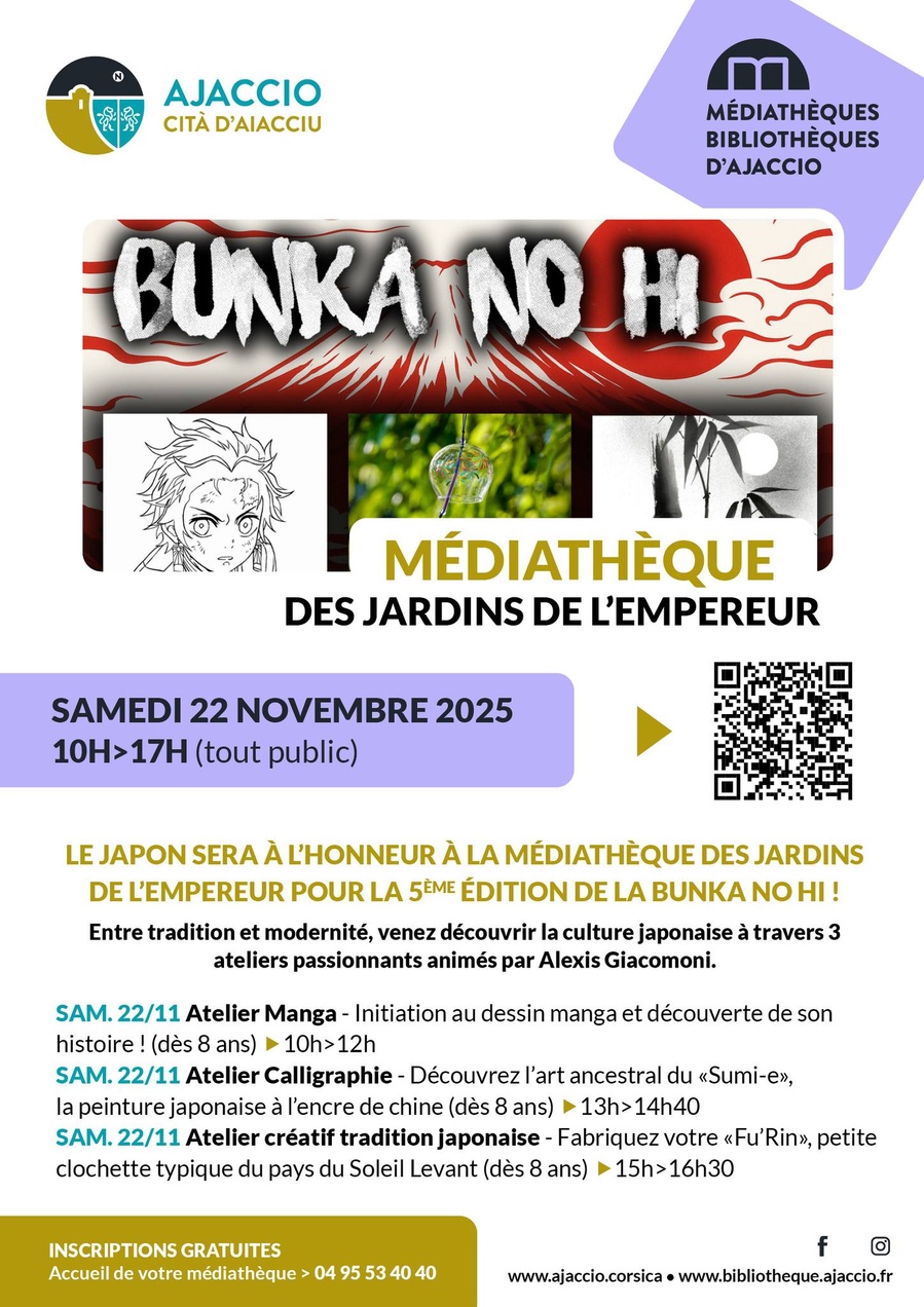 5ème édition de la Bunka No Hi : ateliers Manga, Calligraphie Sumi-e et Fu'Rin animés par Alexis Giacomoni - Médiathèque des Jardins de l’Empereur - Aiacciu
