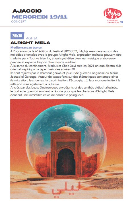 6e édition du Festival des cinémas arabes, Sirocco / Concert du groupe Alright Mela - Aghja - Aiacciu