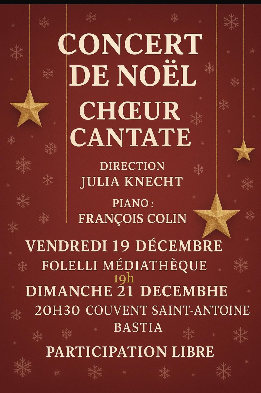 Concert de Noël Chœur Cantate avec Julia Knecht - Médiathèque de Castagniccia Mare et Monti