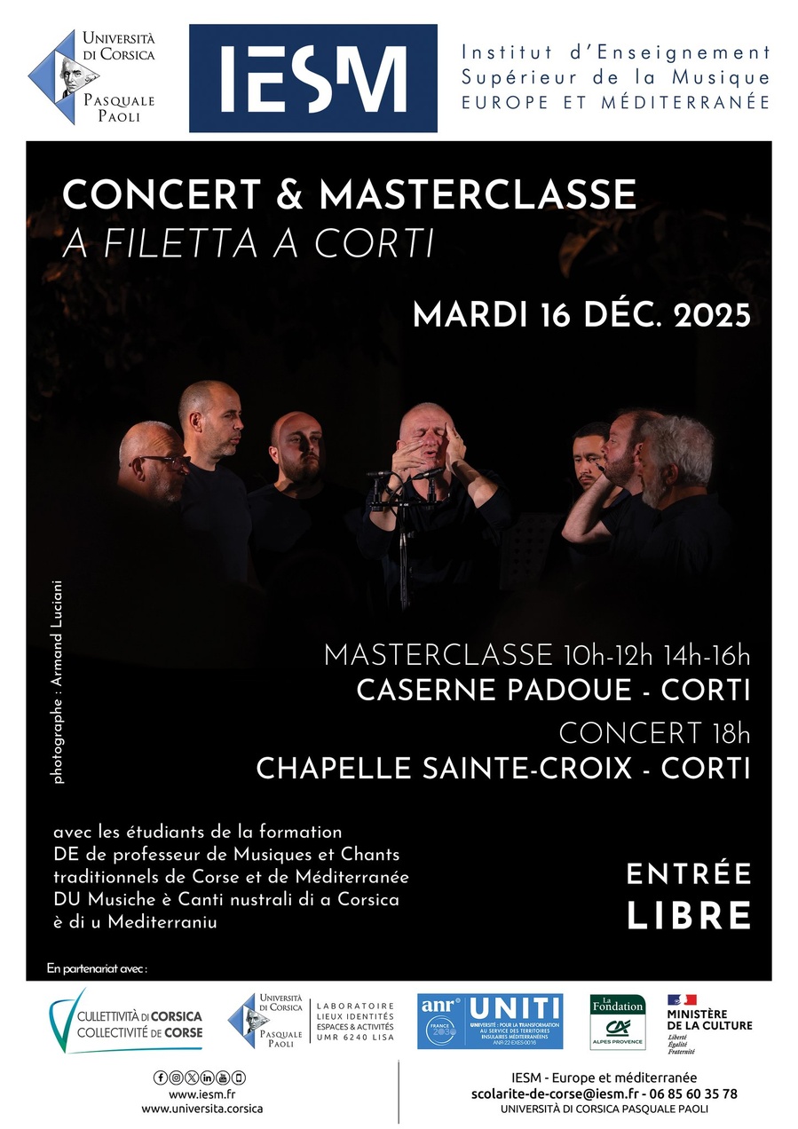 Concert & Masterclasse avec A Filetta/ DU Musiche è Canti nustrali di a Corsica è di u Mediterraniu proposés par l'IESM