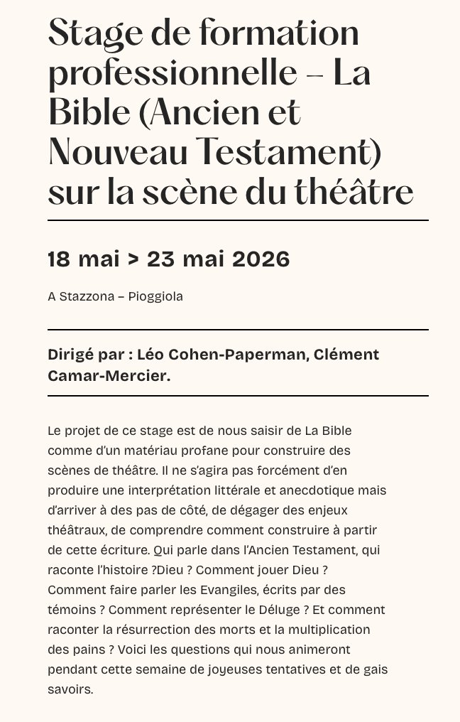 Stage de formation professionnelle : La Bible (Ancien et Nouveau Testament) sur la scène du théâtre - L'Aria