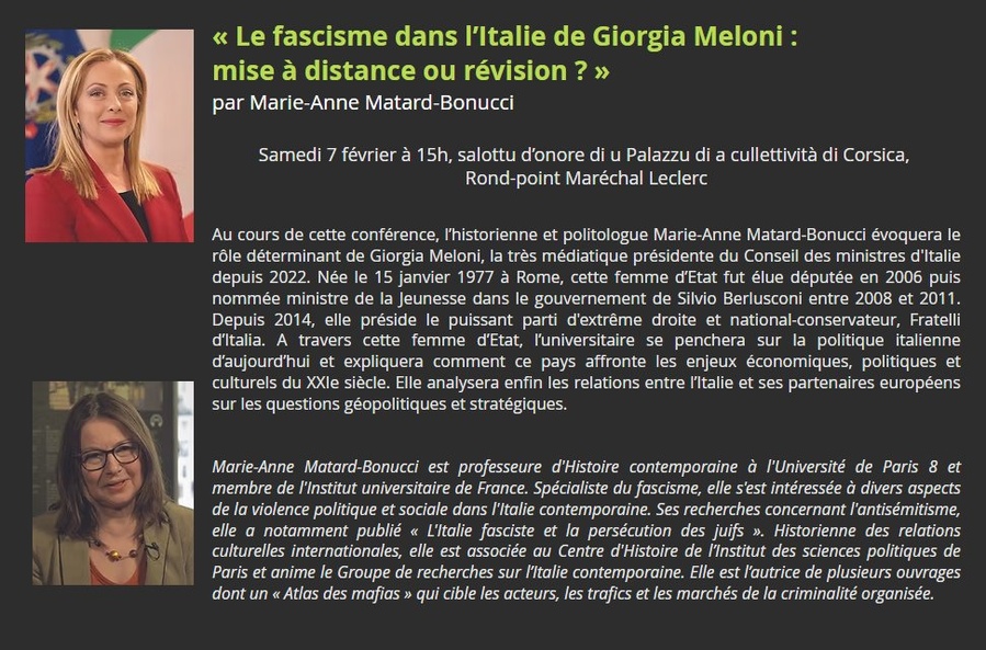 38è Festival du Cinéma Italien de Bastia / Conférence de la Dante Alighieri : "Le fascisme dans l’Italie de Giorgia Meloni : mise à distance ou révision ?" par Marie-Anne Matard-Bonucci - Palazzu di a Cullettività di Corsica