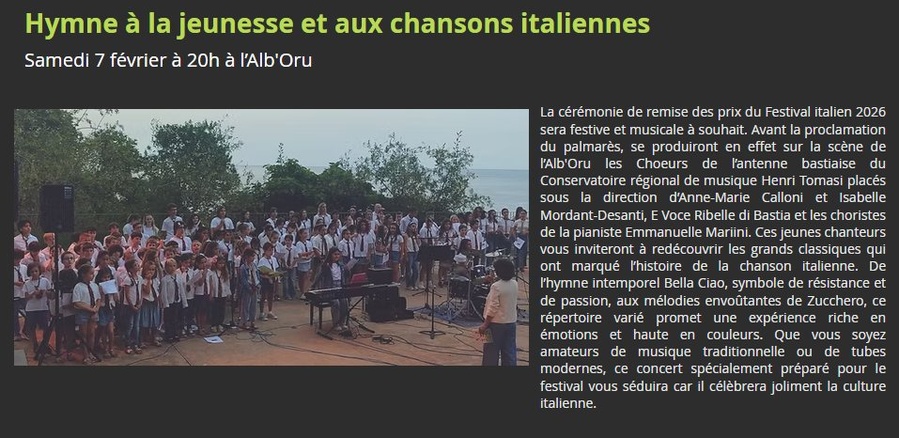 38è Festival du Cinéma Italien de Bastia / Cérémonie de remise des prix / Animations musicale : Chansons italiennes par le Conservatoire régional de musique Henri Tomasi - Centru Culturale Alb'Oru