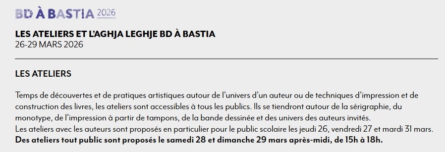 BD à Bastia 2026 / 33e Rencontres de la Bande Dessinée et de l'Illustration / Les ateliers tout public - Centre Culturel Alb'Oru