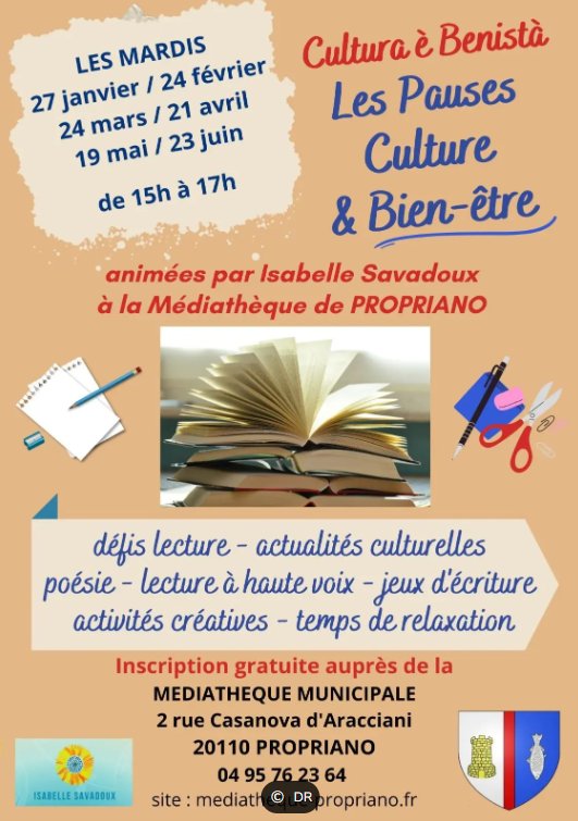 Pauses culture et bien-être avec Isabelle Savadoux à la Médiathèque de Propriano