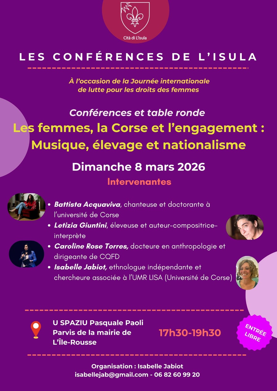 Conférences et table ronde "Les femmes, la Corse et l'engagement : Musique, élevage et nationalisme"  dans le cadre de la Journée internationale de lutte pour les droits des femmes  - Spaziu Pasquale Paoli