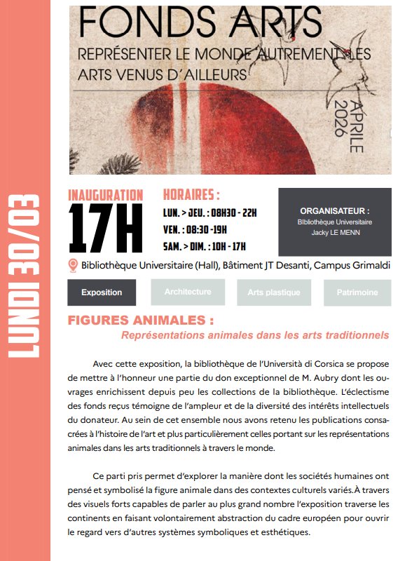 JACES 2026 : Exposition "Figures animales : Représentations animales dans les arts traditionnels" du Fonds Arts- Bibliothèque Universitaire (Hall)