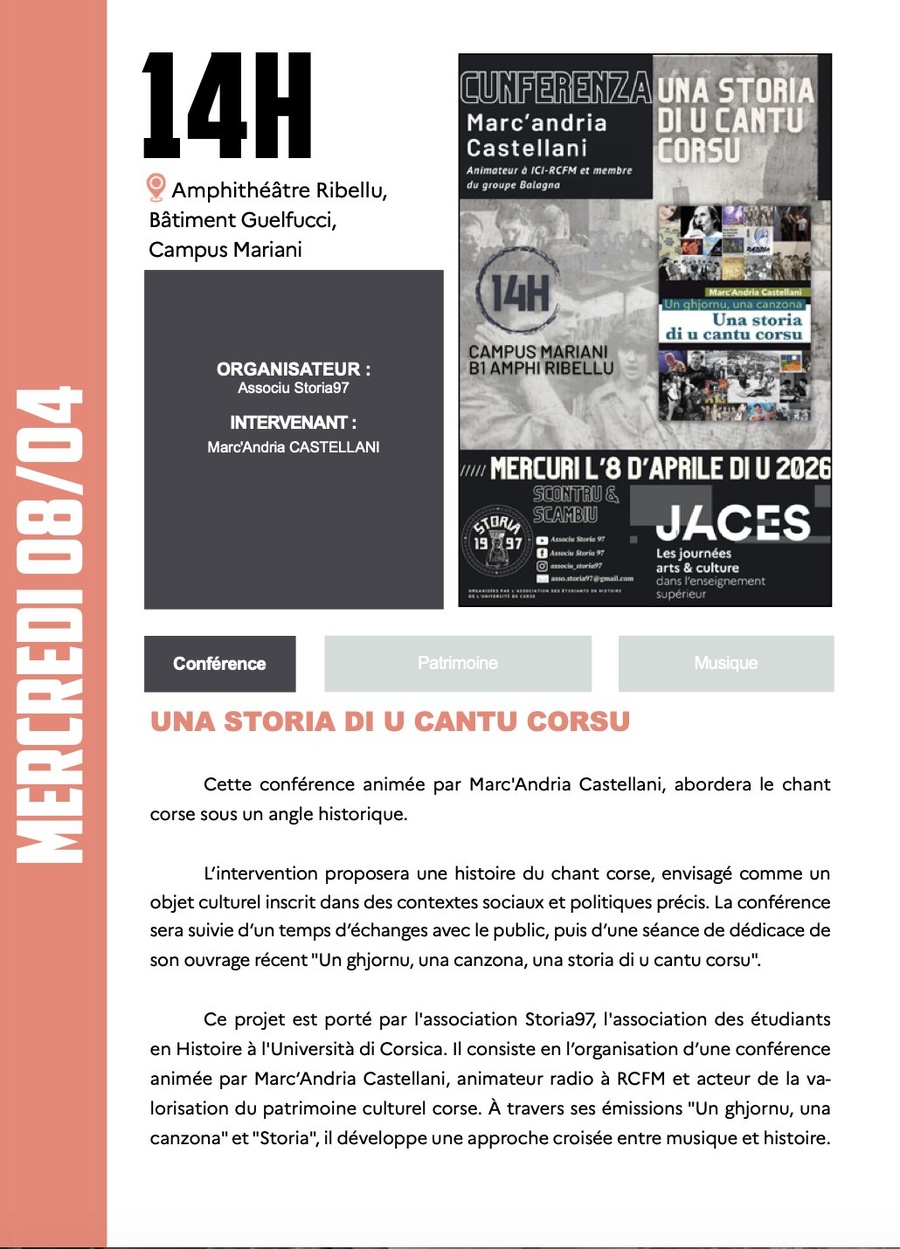 JACES 2026 : Spectacle musicale "Funtana musicale" par les étudiants des ateliers de musique et de chant du CCU - Rampe Sainte-Croix