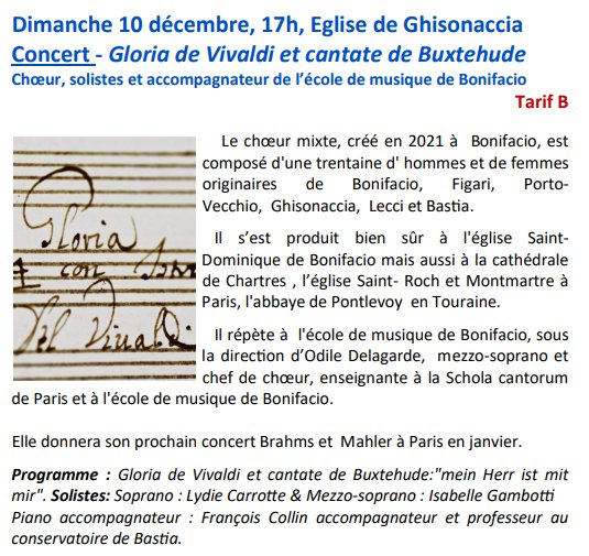 Concert : Gloria de Vivaldi et cantate de Buxtehude - Eglise - A Ghisunaccia
