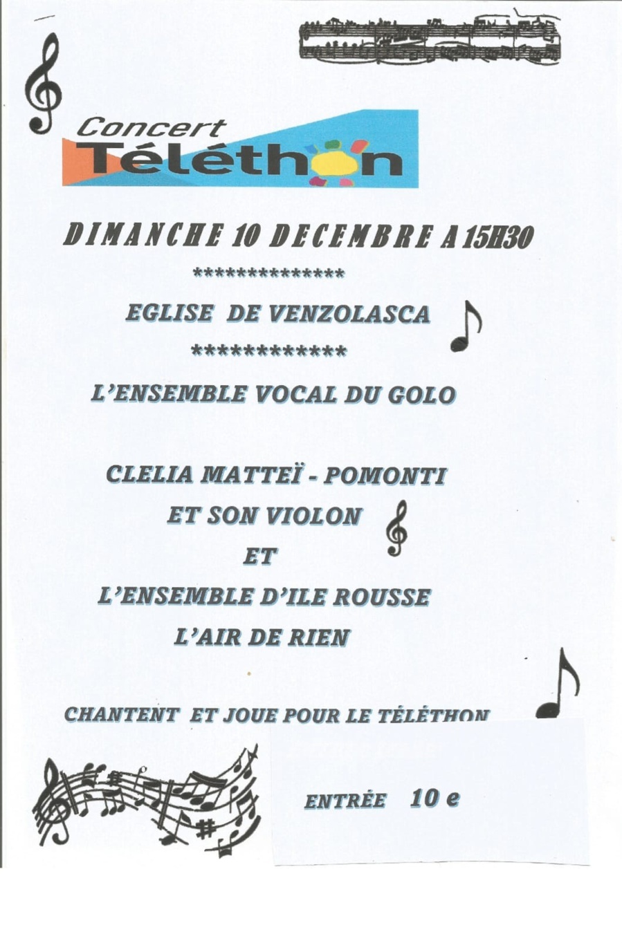 Concert Téléthon avec : L'ensemble vocal du Golo / Clelia Mattei-Pomonti et son violon / l'ensemble d'Ile Rousse : L'Air de rien - Eglise - A Venzulasca