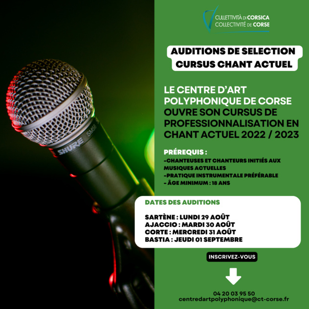 Candidatez pour intégrer le cursus de professionnalisation en chant actuel du Centre d'Art Polyphonique de Corse