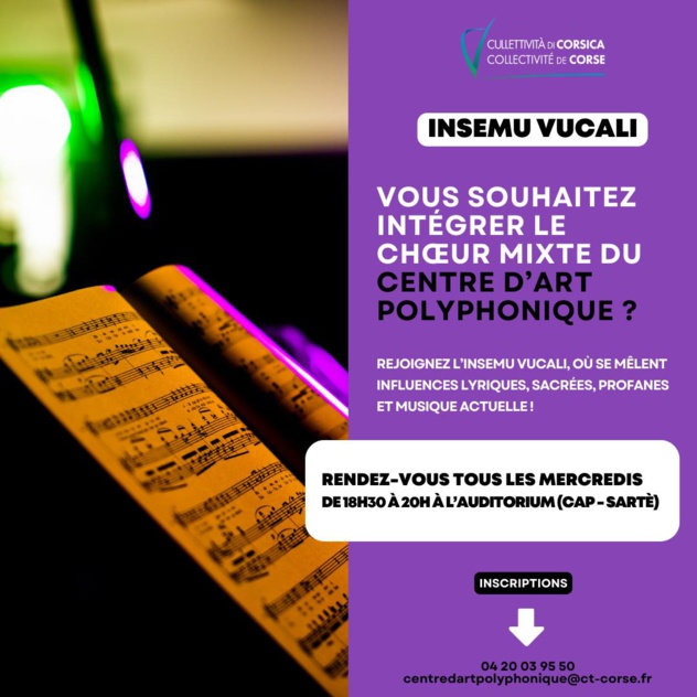 Inscrivez-vous pour intégrer le chœur mixte du Centre d’Art Polyphonique de Corse à Sartène ! Inscrivez-vous pour intégrer le chœur mixte du Centre d’Art Polyphonique de Corse à Sartène !